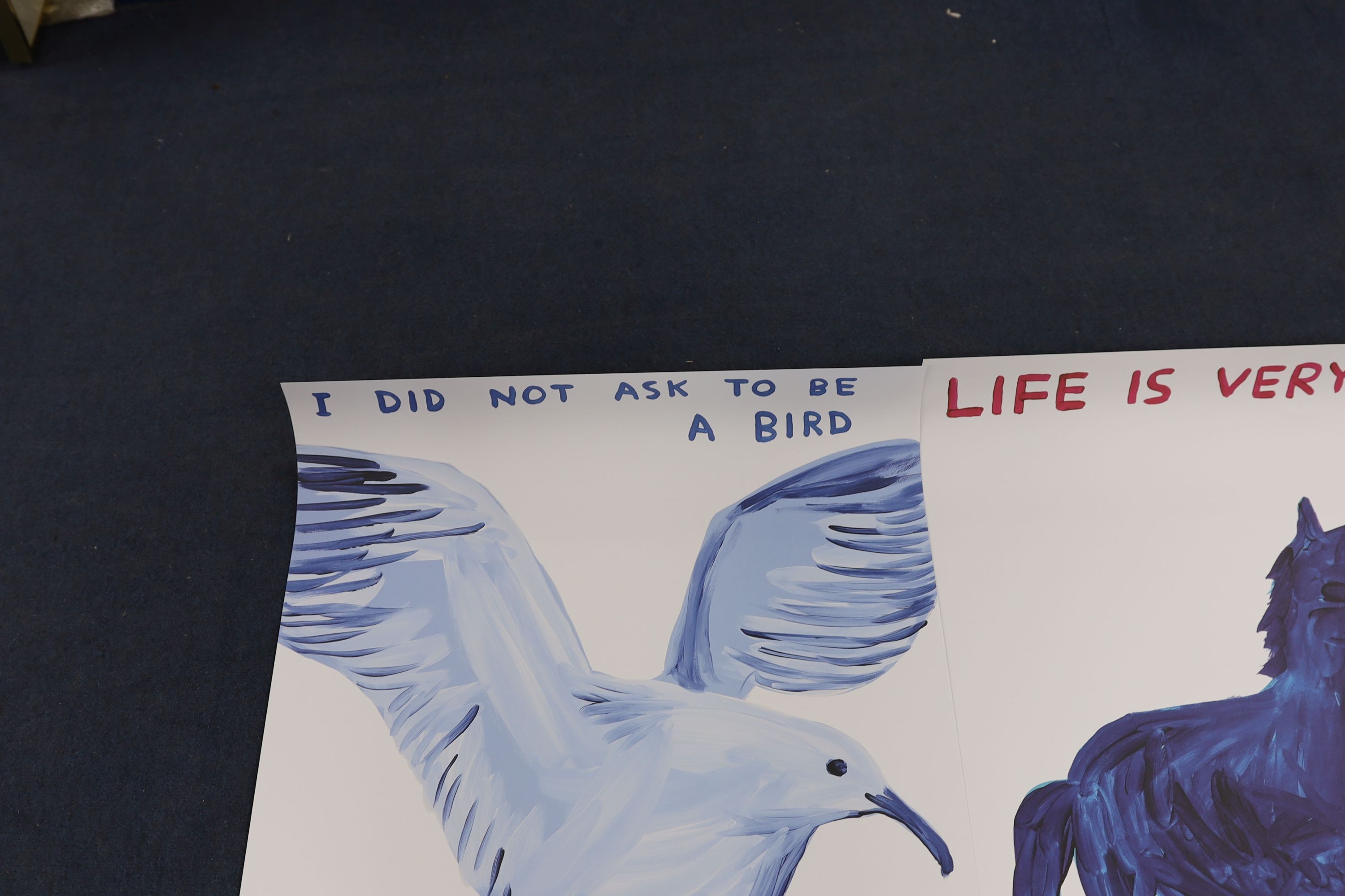 David Shrigley (1968-), two colour prints, 'Life is very good' and 'I did not ask to be a bird', 80 x 60cm, unframed